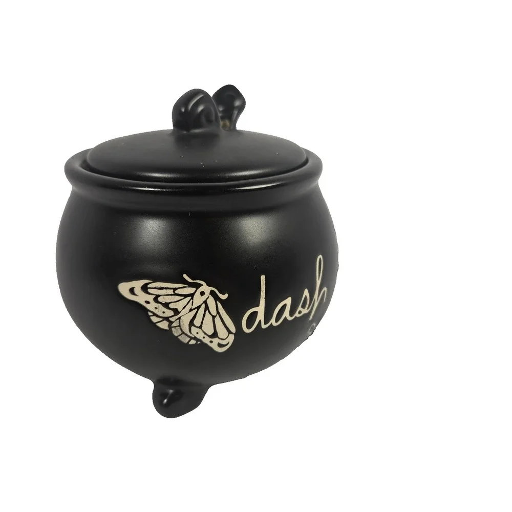 Rae Dunn DASH Cauldron Jar Lid Spoon Black Ceramic Moth Gothic Kitchen Decor